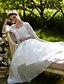 cheap Wedding Dresses-A-Line Square Neck Court Train Lace / Organza Made-To-Measure Wedding Dresses with Beading / Appliques / Sash / Ribbon by LAN TING BRIDE® / Illusion Sleeve / See-Through