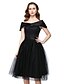 cheap Bridesmaid Dresses-A-Line Off Shoulder Tea Length Satin / Tulle Bridesmaid Dress with Lace by LAN TING BRIDE®