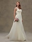 baratos Vestidos de Casamento-Vestidos de noiva Linha A Decote V Alças Regulares Cauda Escova Renda sobre Tule Vestidos de noiva Com Renda Faixa / Fita 2023