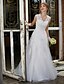 preiswerte Hochzeitskleider-Hochzeitskleider Pinsel Schleppe A-Linie Ärmellos V Ausschnitt Spitze Mit Spitze 2023 Brautkleider
