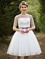 cheap Wedding Dresses-Reception Wedding Dresses Princess Bateau Neck Half Sleeve Knee Length Tulle Bridal Gowns With Sash / Ribbon Appliques 2023