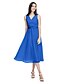 cheap Bridesmaid Dresses-A-Line V Neck Tea Length Chiffon Bridesmaid Dress with Sash / Ribbon / Criss Cross / Side Draping