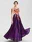 cheap Evening Dresses-A-Line Color Block Prom Formal Evening Dress Boat Neck Floor Length Stretch Yarn Lace Tulle with Appliques  / Illusion Sleeve