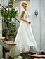 cheap Wedding Dresses-Engagement Open Back Formal Wedding Dresses A-Line Plunging Neck Sleeveless Sweep / Brush Train Lace Over Tulle Bridal Gowns With Sash / Ribbon Appliques 2024