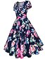 preiswerte Damenkleider-Damen Strand Retro Baumwolle Swing Kleid Blumen Übers Knie V-Ausschnitt