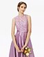 cheap Bridesmaid Dresses-A-Line Jewel Neck Asymmetrical Satin / Corded Lace Bridesmaid Dress with Lace / Sash / Ribbon / Pleats