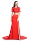 cheap Evening Dresses-Two Piece A-Line Two Piece Formal Evening Dress Jewel Neck Short Sleeve Court Train Jersey with Split Front 2020 / Illusion Sleeve