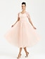 cheap Prom Dresses-A-Line Prom Dresses Elegant Dress Wedding Guest Cocktail Party Tea Length Short Sleeve V Neck Tulle with Appliques 2024