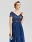 cheap Evening Dresses-A-Line Sparkle &amp; Shine Open Back Lace Up Evening Party Formal Dress V Neck Short Sleeve Floor Length Lace Tulle with Bowknot Sash / Ribbon Lace-up