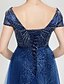 cheap Evening Dresses-A-Line Sparkle &amp; Shine Open Back Lace Up Evening Party Formal Dress V Neck Short Sleeve Floor Length Lace Tulle with Bowknot Sash / Ribbon Lace-up