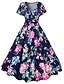 preiswerte Damenkleider-Damen Strand Retro Baumwolle Swing Kleid Blumen Übers Knie V-Ausschnitt