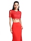 cheap Evening Dresses-Two Piece A-Line Two Piece Formal Evening Dress Jewel Neck Short Sleeve Court Train Jersey with Split Front 2020 / Illusion Sleeve