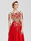 cheap Evening Dresses-A-Line Color Block Prom Formal Evening Dress Boat Neck Floor Length Stretch Yarn Lace Tulle with Appliques  / Illusion Sleeve