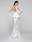 cheap Wedding Dresses-Mermaid / Trumpet Wedding Dresses V Neck Sweep / Brush Train Tulle Sheer Lace Lace Over Tulle Half Sleeve Sexy See-Through Illusion Detail Backless with Appliques 2022