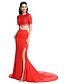 cheap Evening Dresses-Two Piece A-Line Two Piece Formal Evening Dress Jewel Neck Short Sleeve Court Train Jersey with Split Front 2020 / Illusion Sleeve