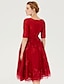 cheap Cocktail Dresses-Ball Gown Cute Dress Holiday Knee Length Half Sleeve Jewel Neck Lace Over Tulle with Sash / Ribbon Bow(s) Appliques