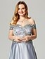 cheap Special Occasion Dresses-A-Line Sparkle &amp; Shine Open Back Beaded &amp; Sequin Holiday Cocktail Party Prom Dress Off Shoulder Short Sleeve Sweep / Brush Train Satin with Crystals Beading 2022 / Formal Evening