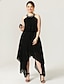 cheap Cocktail Dresses-A-Line Black Dress Dress Homecoming Cocktail Party Asymmetrical Sleeveless Halter Neck Chiffon with Pleats Crystals 2024