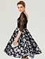 cheap Cocktail Dresses-Ball Gown Open Back See Through Pattern Dress Holiday Cocktail Party Dress Illusion Neck Half Sleeve Knee Length Lace Satin with Pleats Pattern / Print Appliques