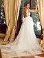 cheap Wedding Dresses-Sheath / Column Wedding Dresses V Neck Chapel Train Lace Tulle Regular Straps See-Through with Appliques 2022 / Removable train