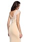 cheap Special Occasion Dresses-Sheath / Column Elegant Pastel Colors Formal Evening Black Tie Gala Dress Illusion Neck Short Sleeve Court Train Polyester with Crystals Beading 2020