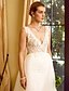 cheap Wedding Dresses-Sheath / Column Wedding Dresses V Neck Chapel Train Lace Tulle Regular Straps See-Through with Appliques 2022 / Removable train