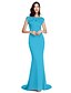 cheap Special Occasion Dresses-Sheath / Column Elegant Pastel Colors Formal Evening Black Tie Gala Dress Illusion Neck Short Sleeve Court Train Polyester with Crystals Beading 2020