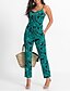 baratos Macacões &amp; Macaquinhos-Women&#039;s Floral Holiday / Going out / Beach Boho Strap Green White Jumpsuit, Leaf / Vintage Classic / Holiday / Print L XL XXL High Rise Sleeveless Spring Summer