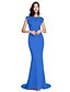 cheap Special Occasion Dresses-Sheath / Column Elegant Pastel Colors Formal Evening Black Tie Gala Dress Illusion Neck Short Sleeve Court Train Polyester with Crystals Beading 2020