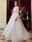 cheap Wedding Dresses-A-Line Wedding Dresses V Neck Sweep / Brush Train Lace Tulle Long Sleeve See-Through with Appliques 2022 / Bishop Sleeve