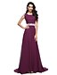 cheap Evening Dresses-A-Line Color Block Formal Evening Dress Jewel Neck Sleeveless Court Train Chiffon Lace with Appliques 2020