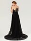 cheap Evening Dresses-A-Line Beautiful Back Furcal Holiday Cocktail Party Formal Evening Dress Illusion Neck Sleeveless Court Train Tulle with Sash / Ribbon Buttons Pleats