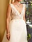 cheap Wedding Dresses-Sheath / Column Wedding Dresses V Neck Chapel Train Lace Tulle Regular Straps See-Through with Appliques 2022 / Removable train