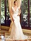 cheap Wedding Dresses-Sheath / Column Wedding Dresses V Neck Chapel Train Lace Tulle Regular Straps See-Through with Appliques 2022 / Removable train