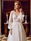 cheap Wedding Dresses-A-Line Wedding Dresses V Neck Sweep / Brush Train Lace Tulle Long Sleeve See-Through with Appliques 2022 / Bishop Sleeve