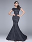 Χαμηλού Κόστους Φορέματα ειδικών περιστάσεων-Τρομπέτα / Γοργόνα Μινιμαλιστική Κομψό Φανταχτερό Επίσημο Βραδινό Μαύρο γκαλά Φόρεμα Χαμόγελο Κοντομάνικο Ουρά μέτριου μήκους Με πούλιες με Πούλιες 2021