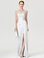 preiswerte Kleider für die Brautmutter-Etui-/Säulenkleid für die Brautmutter, elegantes Furcal-Illusion-Ausschnitt, bodenlanger Tüll, Stretch-Satin, ärmellos, nein, mit Falten, Perlen, vorne geteilt, 2023