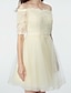cheap Cocktail Dresses-A-Line Cute Homecoming Cocktail Party Dress Off Shoulder Half Sleeve Short / Mini Lace Tulle with Sash / Ribbon Appliques 2021 / Illusion Sleeve