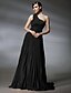 billige Vestidos para Ocasiões Especiais-A-Line Elegant Dress Prom Sweep / Brush Train Sleeveless One Shoulder Stretch Satin with Pleats Appliques 2022