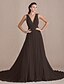 cheap Evening Dresses-A-Line Elegant Formal Evening Black Tie Gala Dress V Neck V Back Low Back Sleeveless Chapel Train Georgette with Pleats 2022