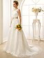 cheap Wedding Dresses-A-Line V Neck Court Train Lace / Satin Made-To-Measure Wedding Dresses with Sashes / Ribbons / Flower by LAN TING BRIDE® / Open Back