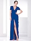 cheap Evening Dresses-Sheath / Column Celebrity Style Dress Formal Evening Military Ball Floor Length Short Sleeve Plunging Neck Chiffon with Ruched Draping Split Front 2023