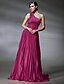 billige Vestidos para Ocasiões Especiais-A-Line Elegant Dress Prom Sweep / Brush Train Sleeveless One Shoulder Stretch Satin with Pleats Appliques 2022