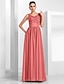 cheap Evening Dresses-A-Line Elegant Formal Evening Dress Illusion Neck Sleeveless Floor Length Chiffon Tulle with Appliques 2021