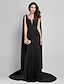 cheap Prom Dresses-Sheath / Column Elegant Dress Wedding Guest Prom Court Train Sleeveless Plunging Neck Georgette V Back with Criss Cross Side Draping 2023