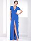 cheap Evening Dresses-Sheath / Column Celebrity Style Dress Formal Evening Military Ball Floor Length Short Sleeve Plunging Neck Chiffon with Ruched Draping Split Front 2023