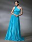 billige Vestidos para Ocasiões Especiais-A-Line Elegant Dress Prom Sweep / Brush Train Sleeveless One Shoulder Stretch Satin with Pleats Appliques 2022