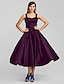 cheap Cocktail Dresses-A-Line Elegant Dress Wedding Guest Cocktail Party Tea Length Sleeveless Square Neck Stretch Satin with Criss Cross 2023