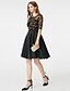 cheap Special Occasion Dresses-Ball Gown Black Dress Dress Holiday Homecoming Knee Length Half Sleeve Illusion Neck Satin with Sash / Ribbon Pleats 2024