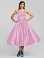 cheap Cocktail Dresses-A-Line Elegant Dress Wedding Guest Cocktail Party Tea Length Sleeveless Square Neck Stretch Satin with Criss Cross 2023